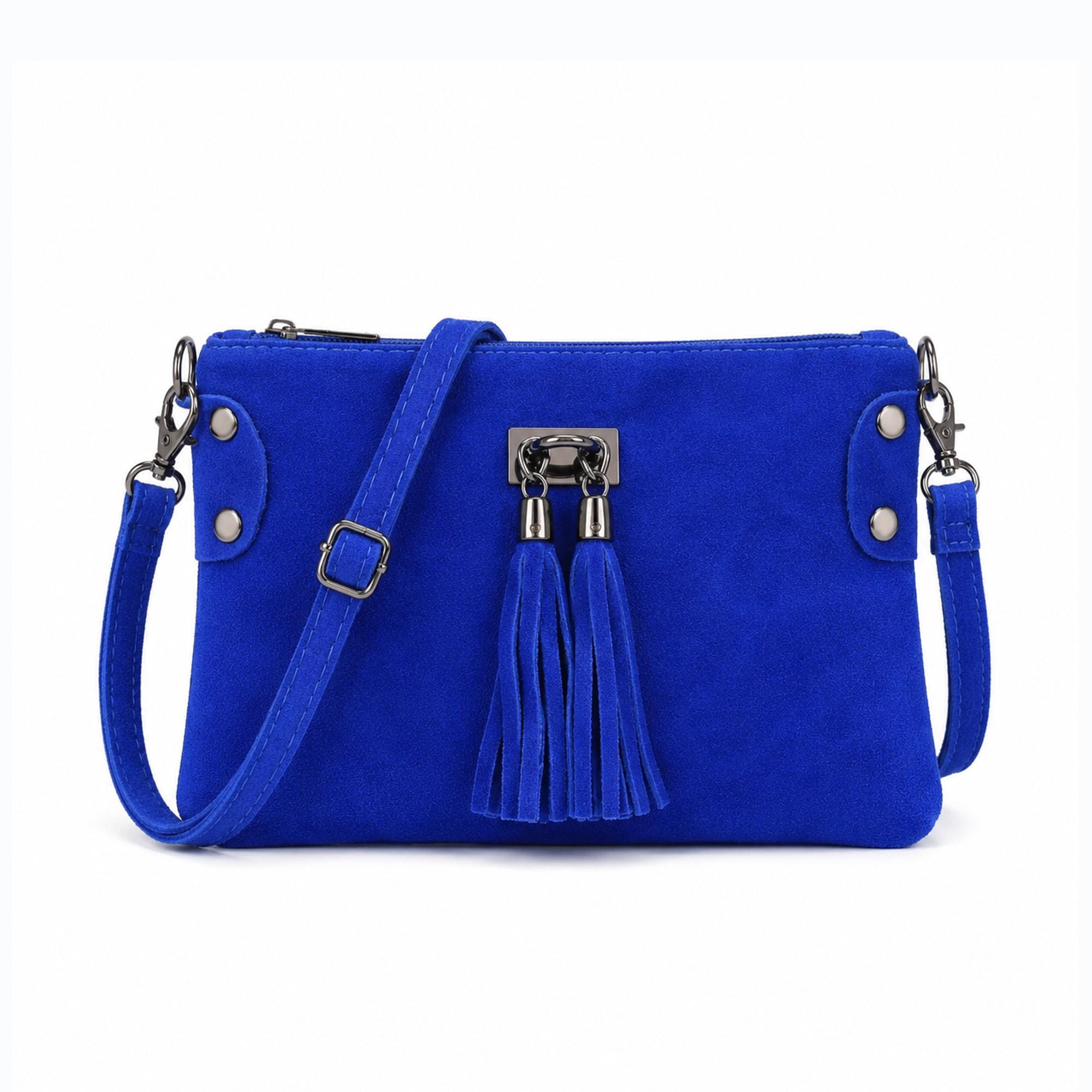 Royal Blue Genuine Leather Suede Cross Body Bag: Tassel Charm
