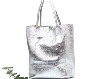 Silver bag, Silver leather leather bag in silver, Leather shopper in silver, Soft natural GENUINE leather shoulder bag, Large laptop bag