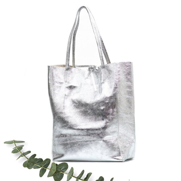 Silver bag, Silver leather leather bag in silver, Leather shopper in silver, Soft natural GENUINE leather shoulder bag, Large laptop bag