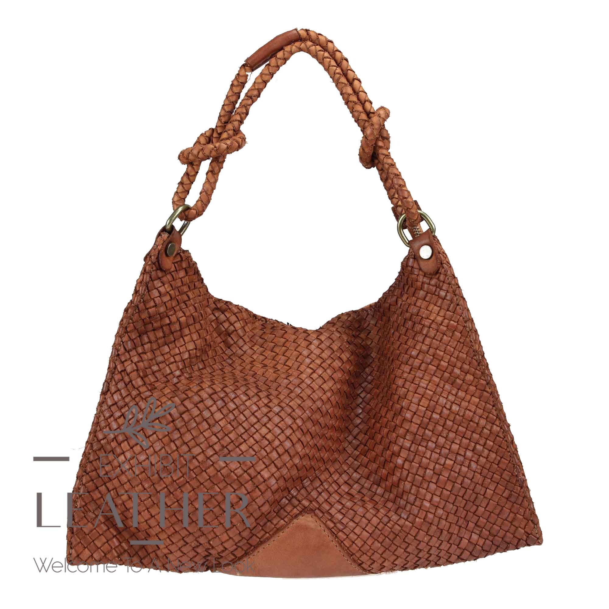 Braided Leather Tote Bag: Cognac Brown Cowhide Shoulder Bag  display picture 2
