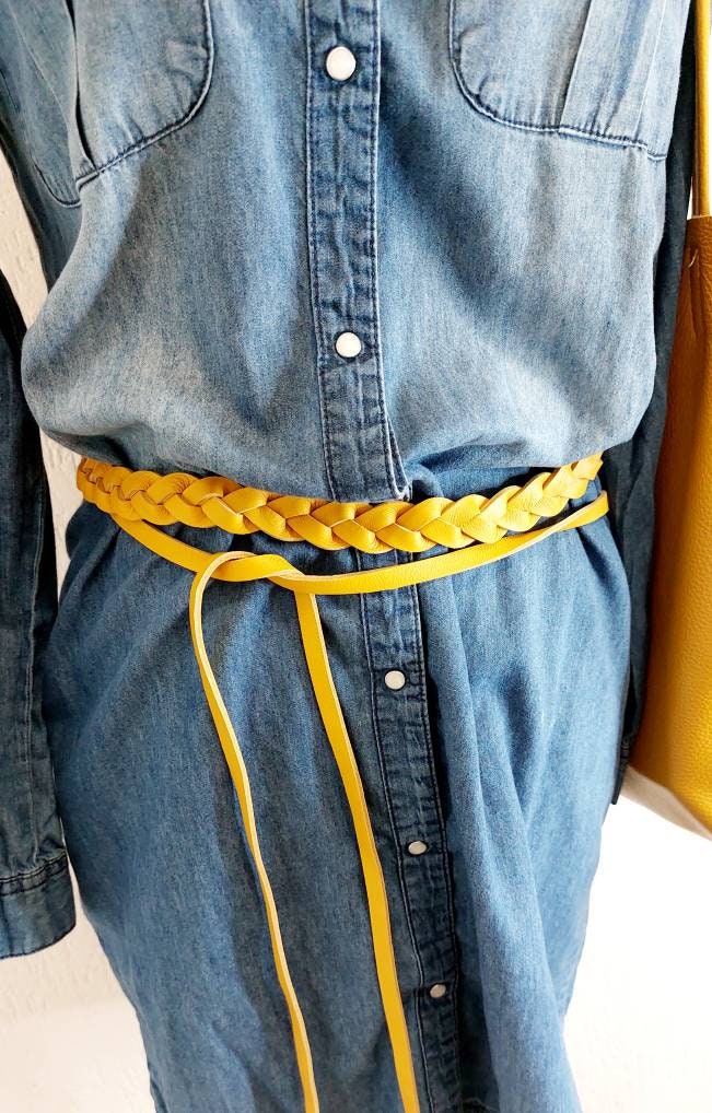 Suede Leather Wrap Sash Tie Belt Fringe Mustard Yellow One Size Boho Festival Braided Leather Wraparound Belt: Mustard Yellow Boho Sash - Etsy main image 4
