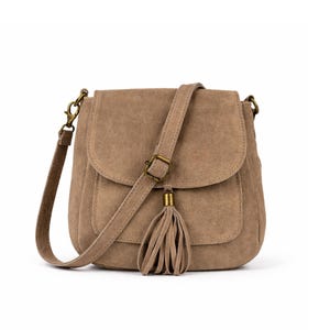 Taupe Real Suede Leather Small Crossbody Bag – Made in Italy