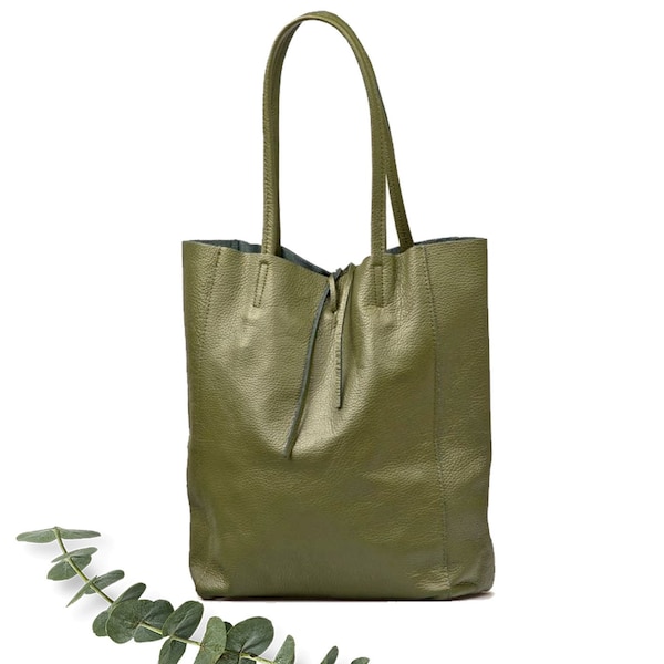 Military green tote leather maxi bag, Leather shopper in green, Soft natural GENUINE leather shoulder bag, Large dark green laptop bag