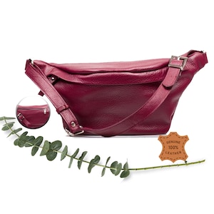 Reißverschlusstasche weinrot große Bauchtasche, Crossbody Bauchtasche, Maxi Leder Schulter Gürteltasche, Silber Details, Fanny Leder Cross body, Gürteltasche