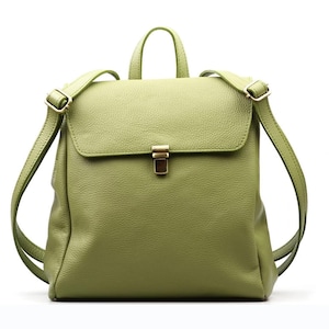 Pode incluir: Uma mochila de couro verde claro com fecho de aba e alças ajustáveis. A mochila tem uma alça superior e ferragens de metal dourado. A bolsa tem aproximadamente 30 cm de altura e 25 cm de largura.
