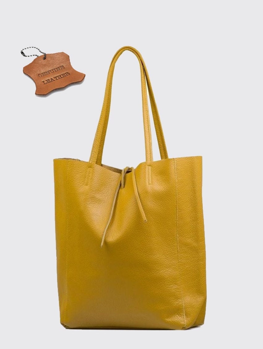 Yellow Genuine Leather Large Tote Bag for Travel