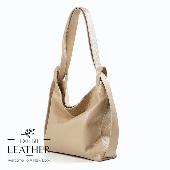 Convertible Taupe Leather Backpack Bag: Top Zip Travel Tote  display picture 1