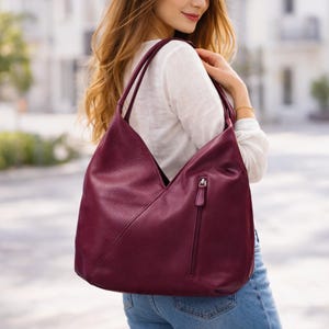 Oryginalna skórzana torba typu hobo na ramię w kolorze czerwonego wina, miękka skórzana torba typu hobo, torba typu shopper, bordowy portfel