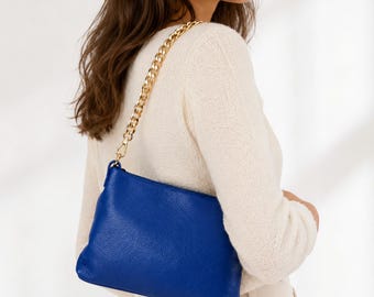 Electric Blue Italienische Echtleder Cross Body Bag, Verstellbarer langer Riemen, Kettenriemen Geldbörse