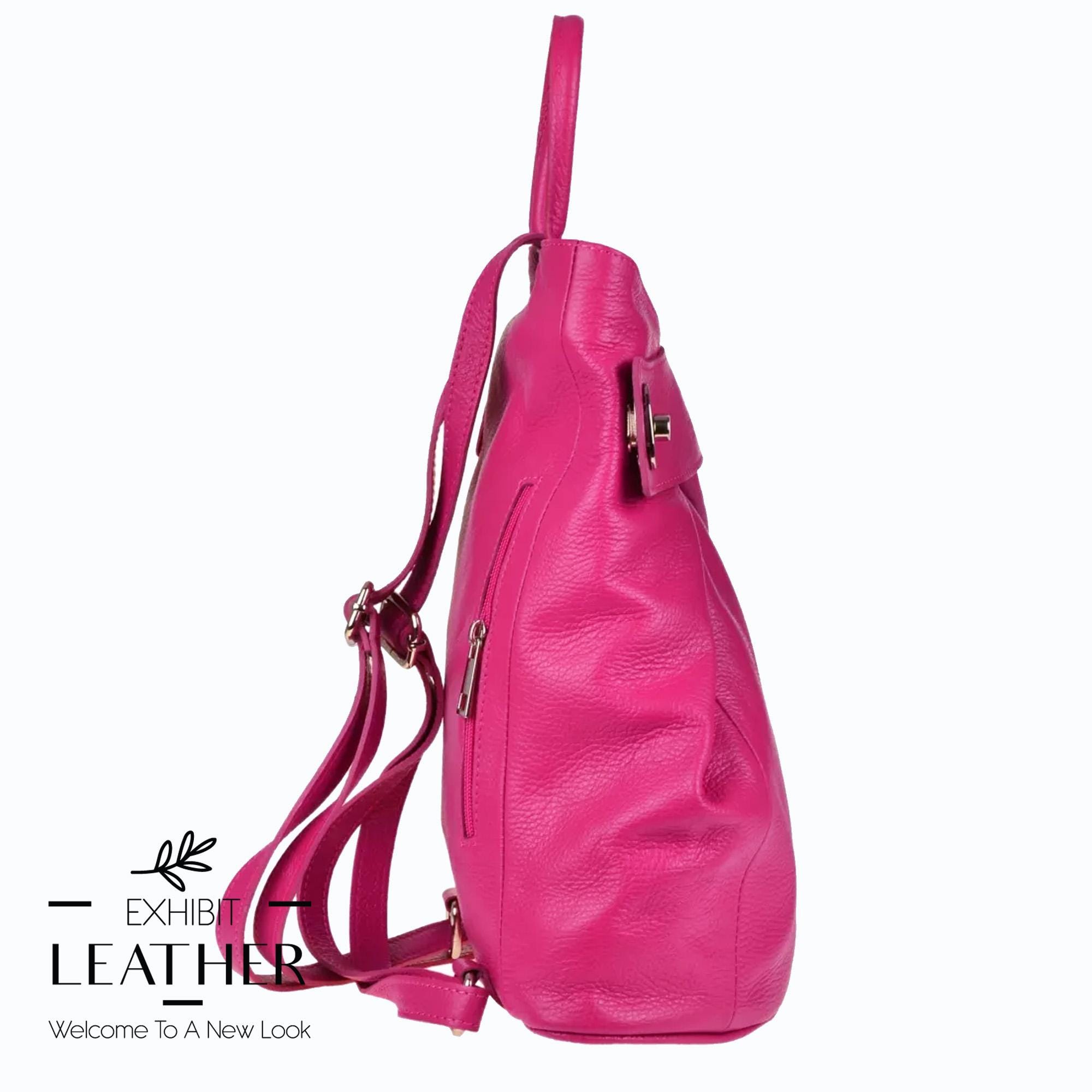 Italian Genuine Leather Fuchsia Backpack: Top Zip Hot Pink  display picture 2
