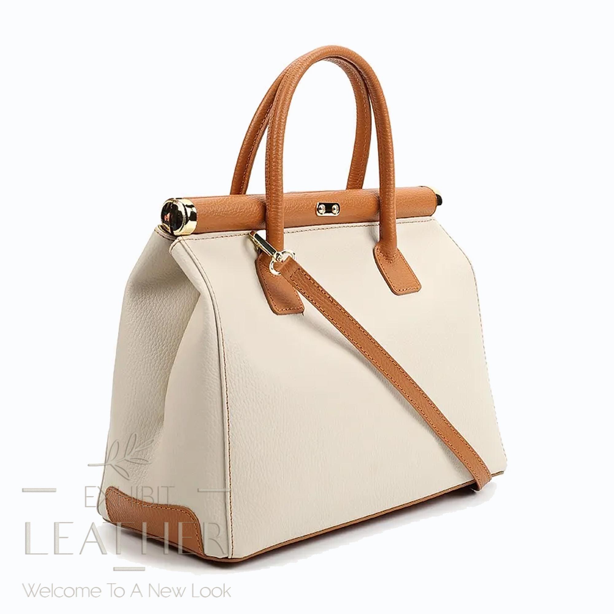Genuine Leather Elegant Handbag in Beige and Brown, Lock Bag  display picture 2