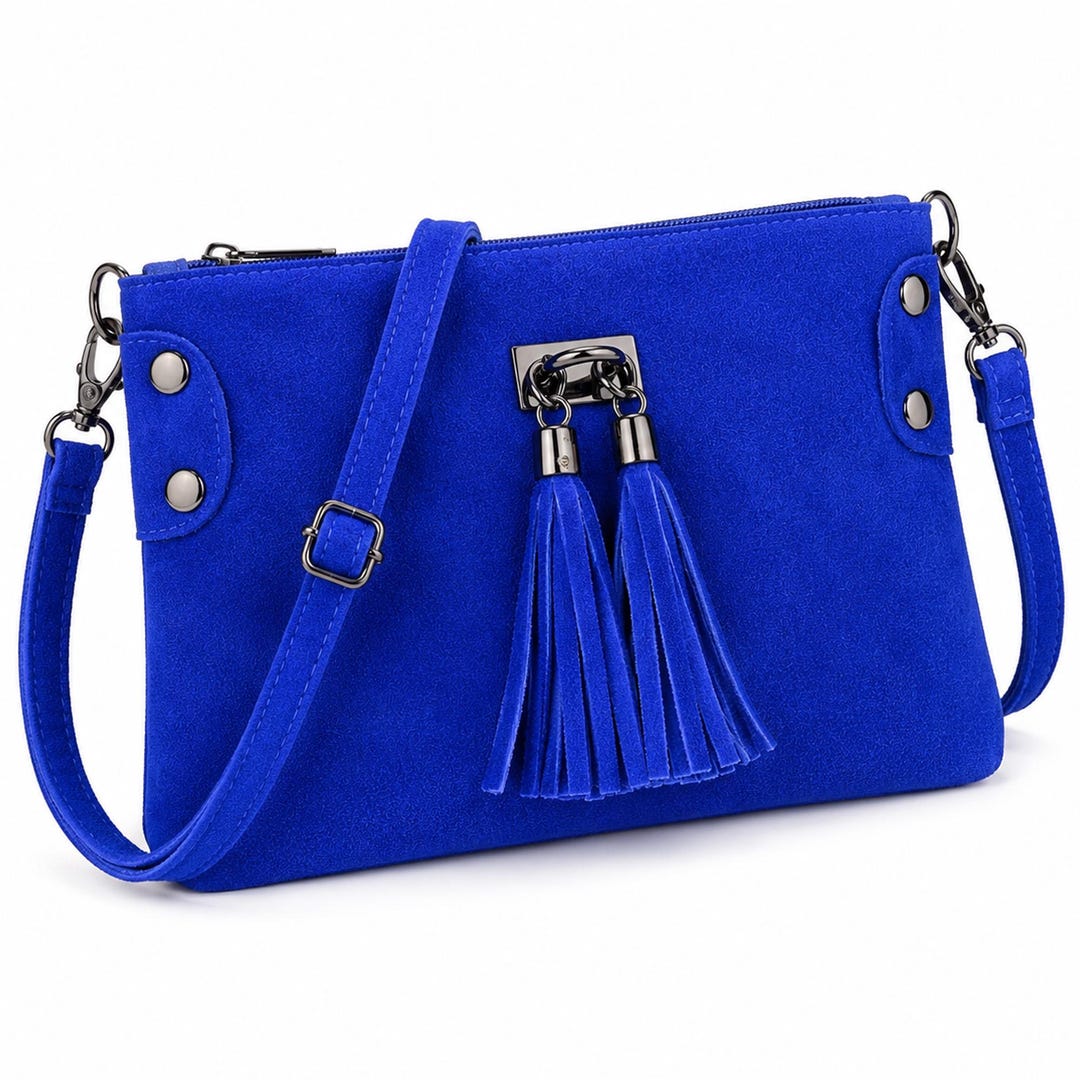 Royal Blue Genuine Leather Suede Cross Body Bag: Tassel Charm