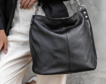 Schwarze echte Leder-Reißverschluss-Umhängetasche mit Quaste, Lederhandtasche, Shopper-Tasche, schwarze elegante Tasche, echte Leder-elegante Tasche