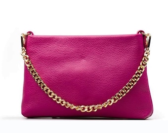 Felroze echt lederen crossbodytas fuchsia klassieke portemonnee met kettingriem