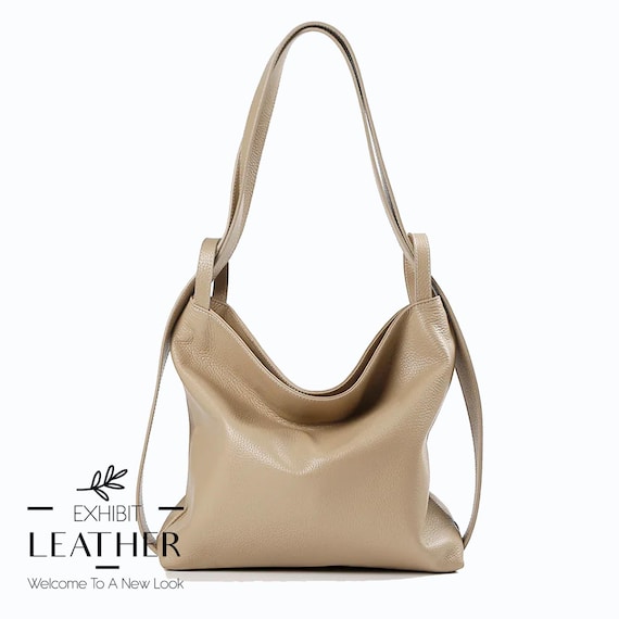 Convertible Taupe Leather Backpack Bag: Top Zip Travel Tote  display picture 3