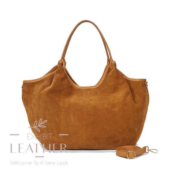 Cognac Brown Suede Leather Shoulder Bag: XXL Shopper Handbag - Etsy