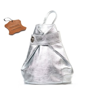 Silberfarbener Lederrucksack, echter Lederrucksack, Top-Reißverschlusstasche, Rucksack für Mädchen, Damenrucksack, Stadttasche, stilvoller Rucksack