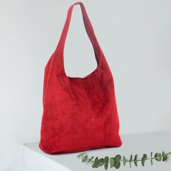 Bolso hobo de cuero genuino de ante rojo, bolso hobo de cuero de ante, bolso shopper, bolso grande para computadora portátil de color rojo