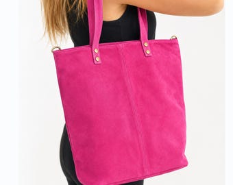 Fuchsia Genuine Suede Leather Large Tote, Hot Pink Everyday Purse for Women, Carryall Bag