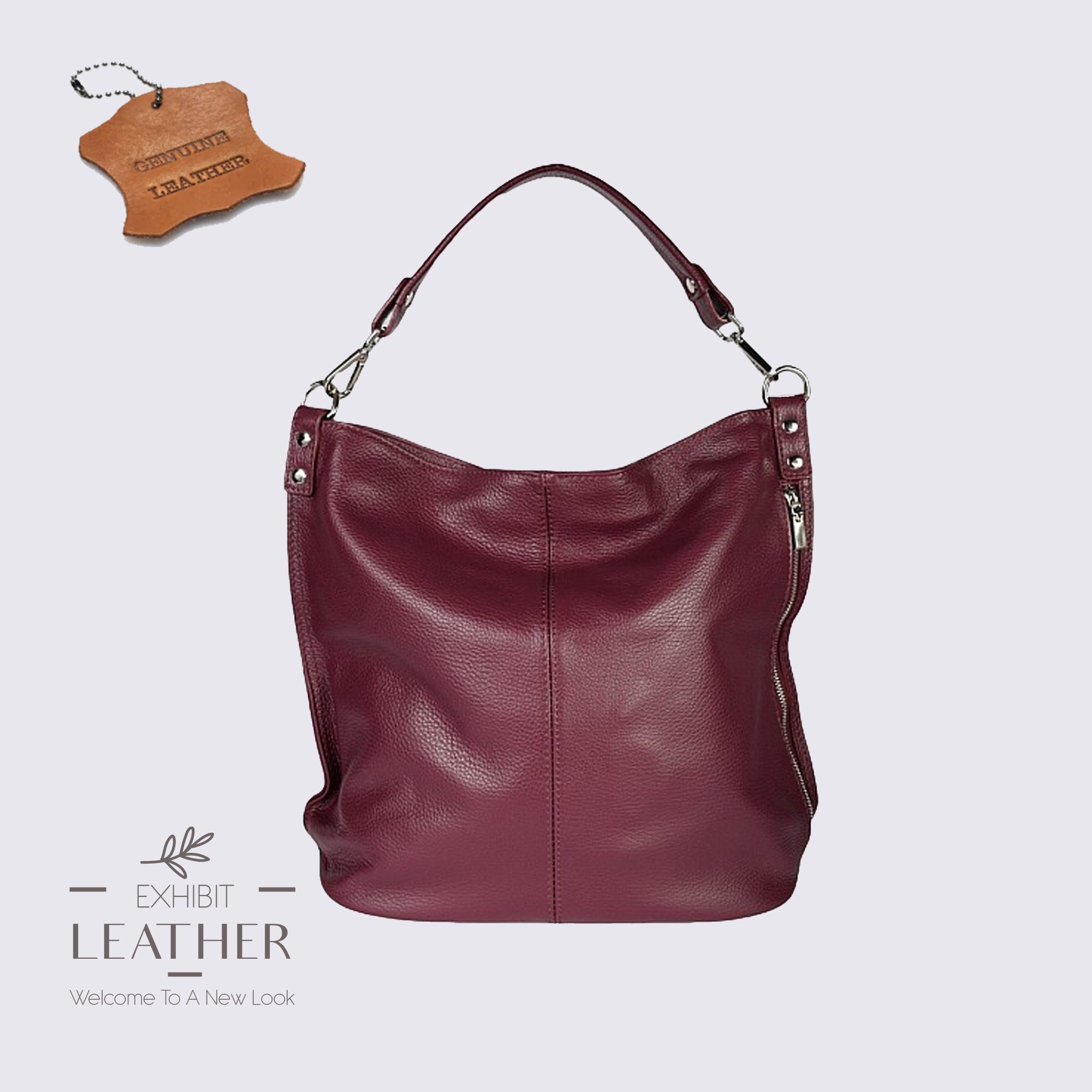 Wine Red Genuine Leather Top Zip Shoulder Bag, Leather
