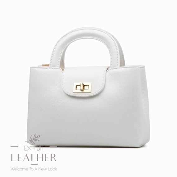 White Cowhide Leather Handbag: Top Handle Purse With Strap  display picture 1