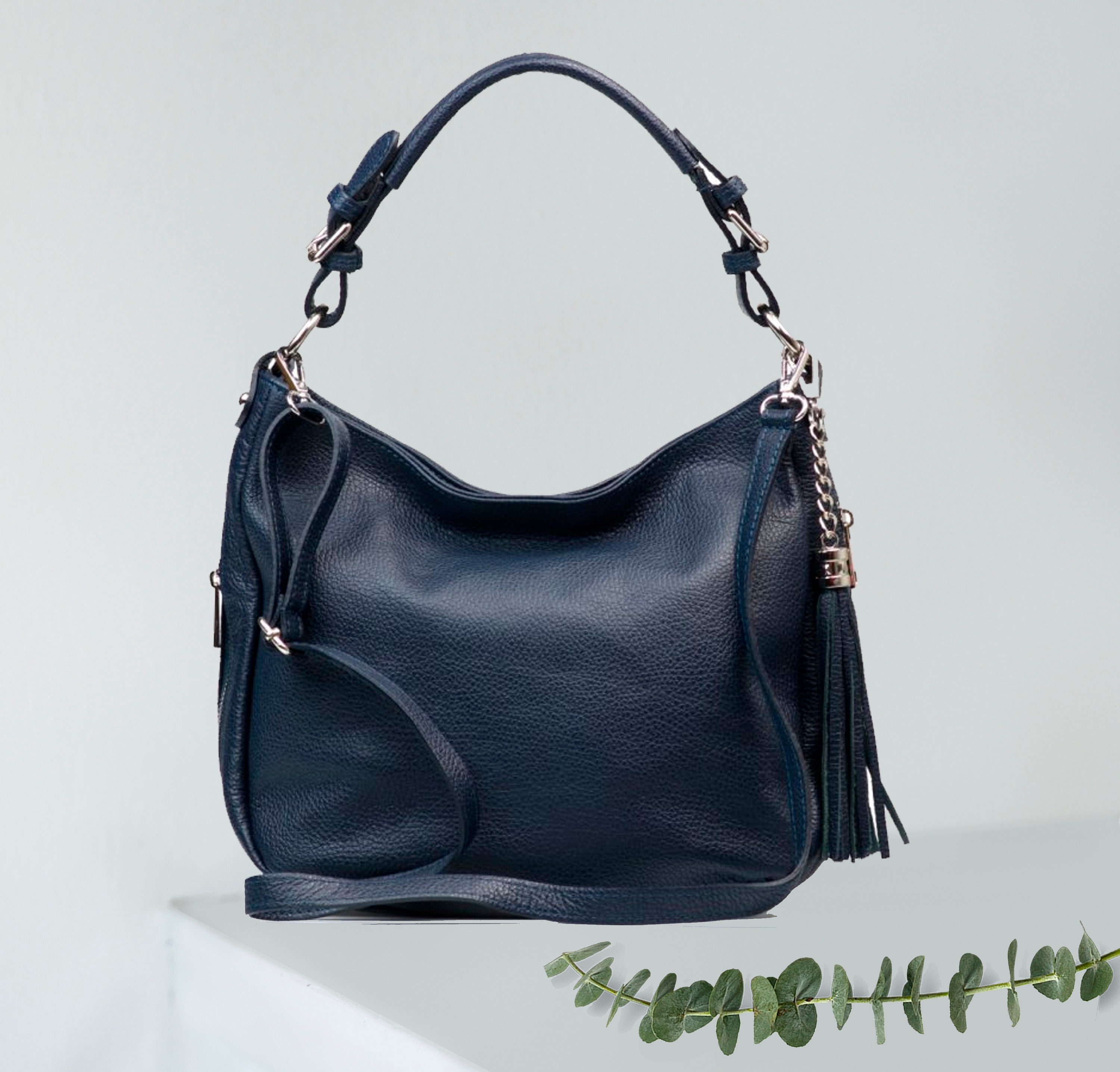 Navy Leather Hobo Bag: Top Zip Shoulder Bag With Tassel - Etsy