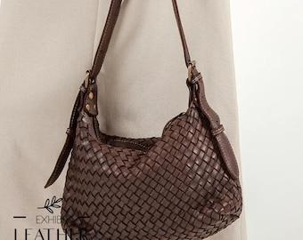 Woven Smooth Leather Hobo Bag: Vintage Slouchy Dark Brown Color Shoulder Bag