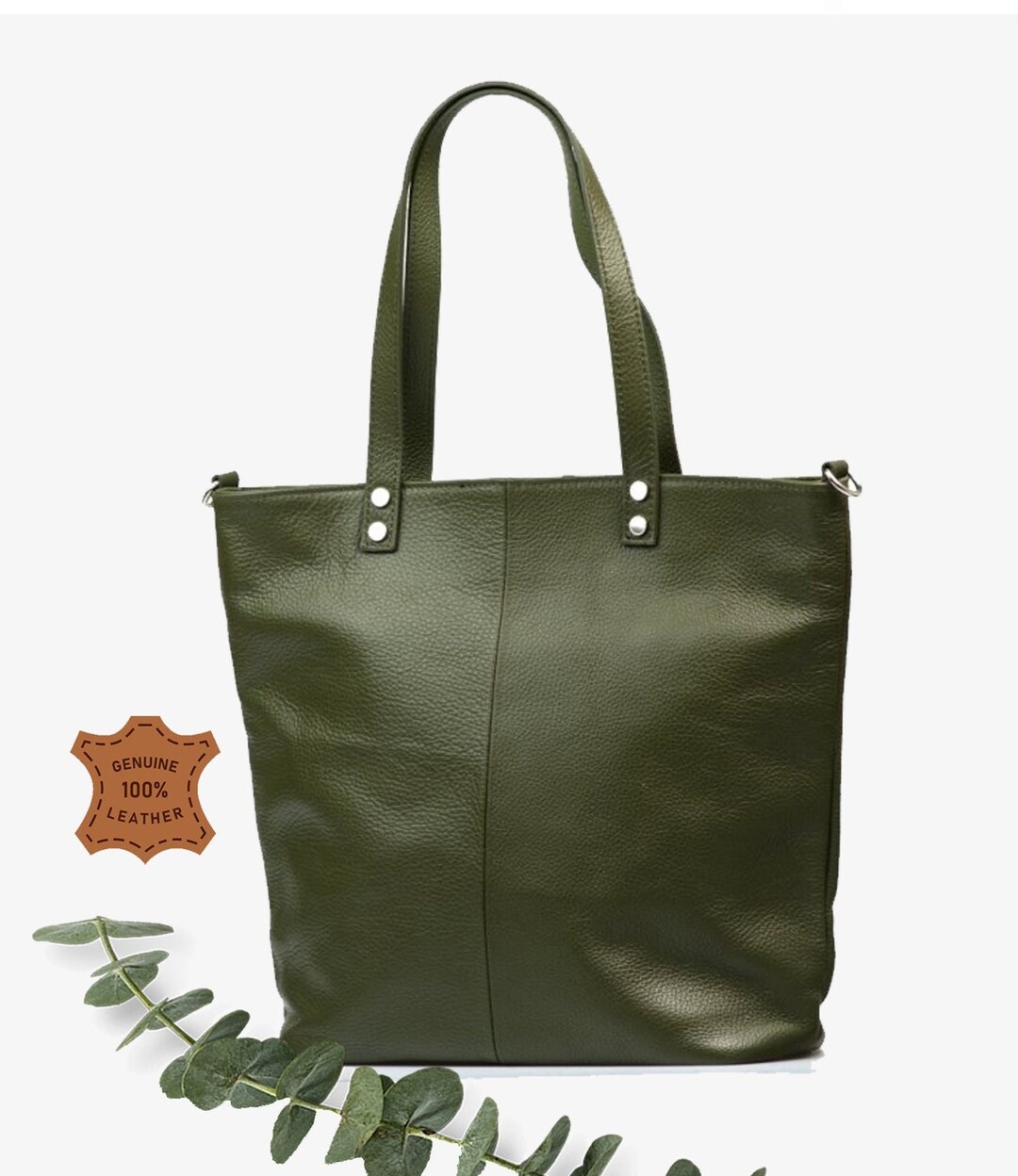 Top Zip Leather Tote Bag, Leather Shoulder Bag, Dark Green Laptop Bag