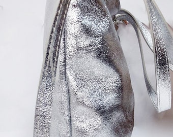 Top Zip Silver Leather Tote Bag, Leather Shoulder Bag