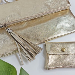 Gold Leather Crossbody Bag: Small Clutch Purse, Genuine Leather
