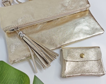 Gold color real leather bag, small purse, Cross body shoulder bag, genuine leather messenger bag, tablet book bag zipper, wedding clutch