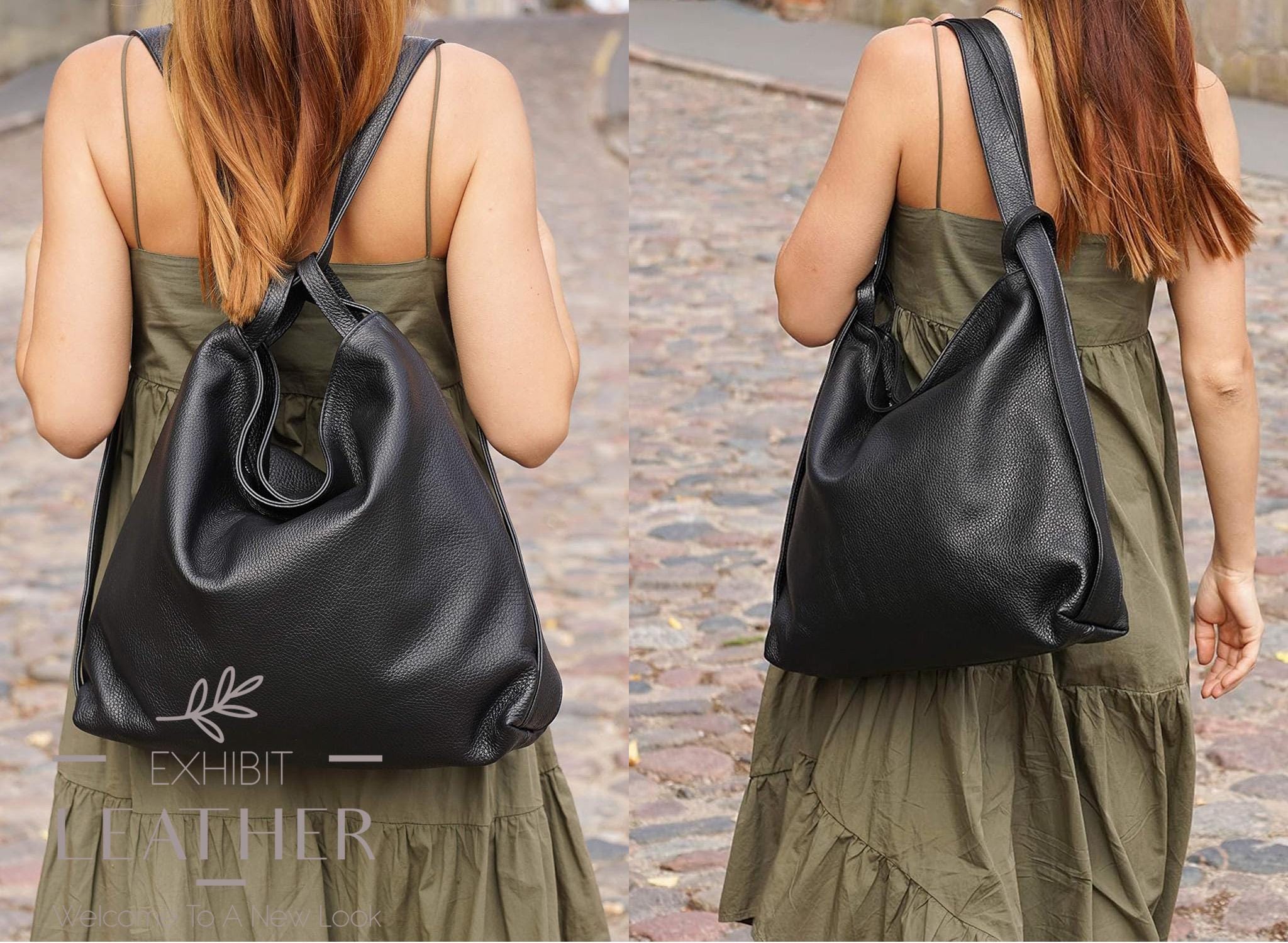 Italian Leather Convertible Backpack Shoulder Bag, Top Zip 