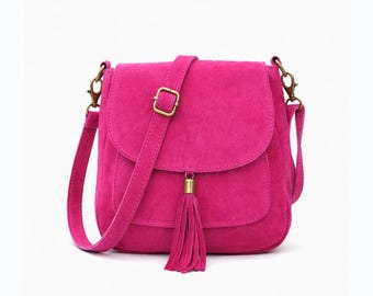 Italian Premium Real Suede Leather Cross body Bag: Fuchsia Top Zip Messenger Purse