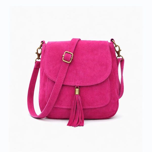 Bolso bandolera de ante auténtico italiano de primera calidad: bolso bandolera con cremallera superior fucsia
