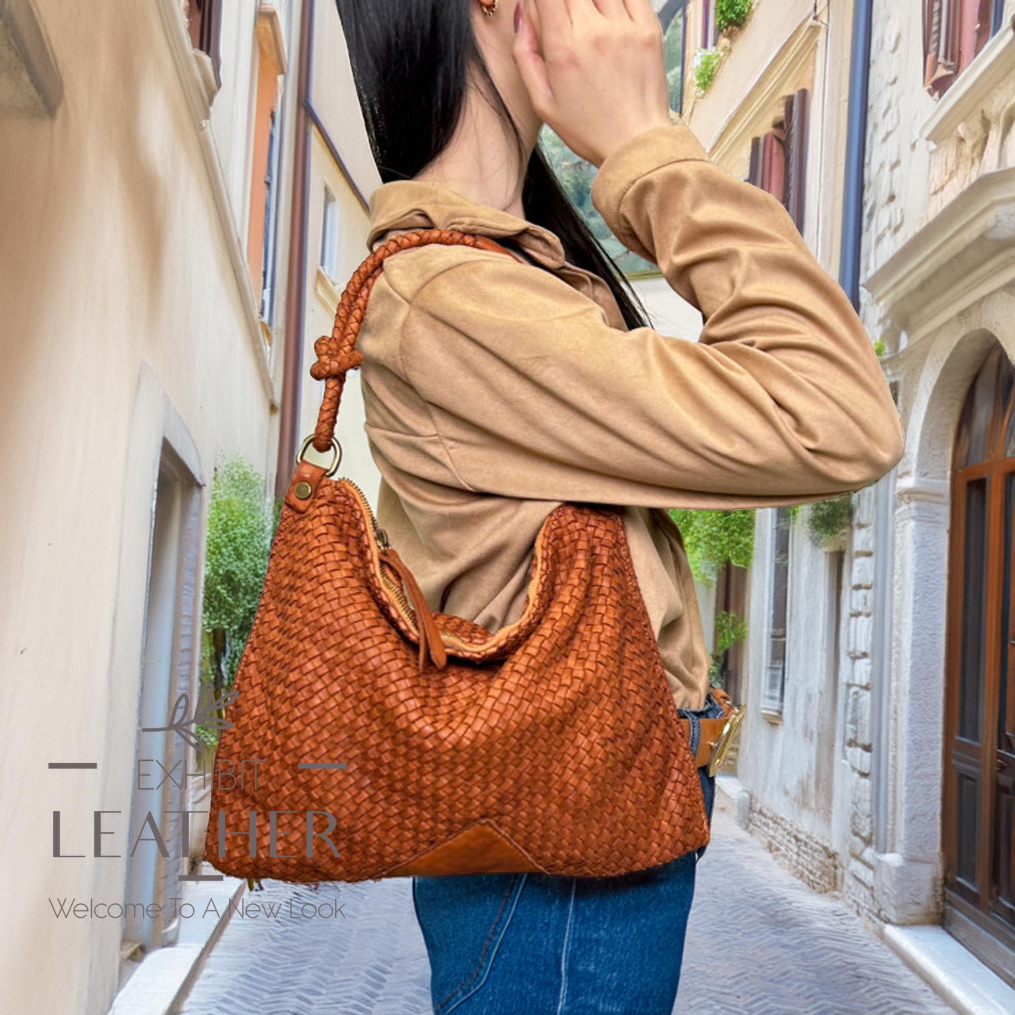 Braided Leather Tote Bag: Cognac Brown Cowhide Shoulder Bag - Etsy