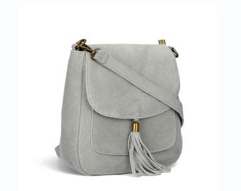 Grey Italian Suede Leather Small Cross Body Bag Shoulder Everyday