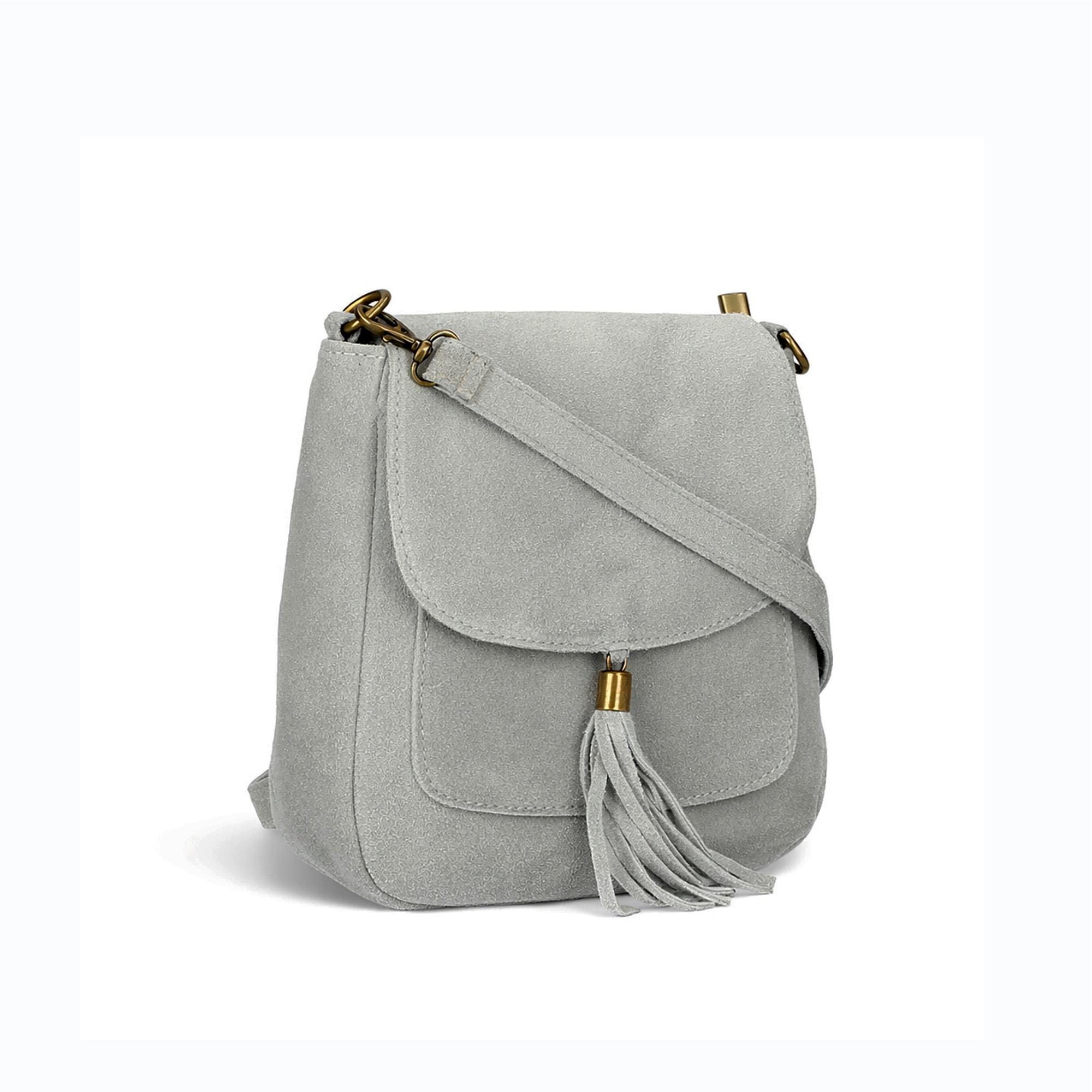Grey Italian Suede Leather Small Cross Body Bag Shoulder Everyday