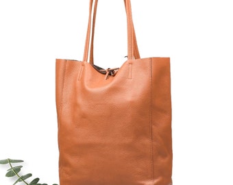 Brown bag,  leather tote bag in cognac, Leather shopper in cognac, Soft natural GENUINE leather shoulder bag, Large brown tote bag