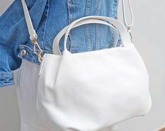 Top zip  genuine leather shoulder bag white colour, natural handbag, elegant shopper, woman gift, real leather purse