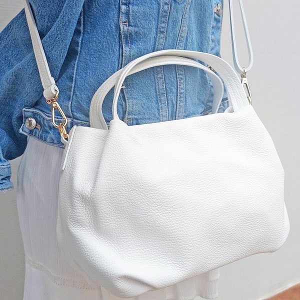 Top zip  genuine leather shoulder bag white colour, natural handbag, elegant shopper, woman gift, real leather purse