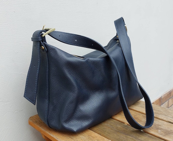 Women's Genuine Leather Crossbody Bag 'BARI' – Multi Zip Top, Adjustable Strap, 19x17x9cm, Navy Blue