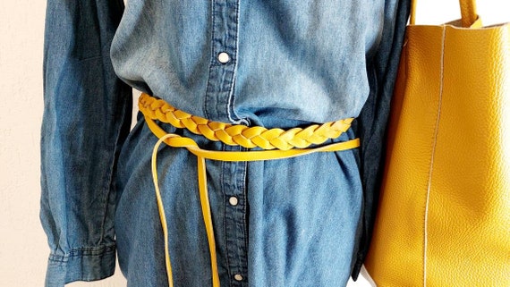 Suede Leather Wrap Sash Tie Belt Fringe Mustard Yellow One Size Boho Festival Braided Leather Wraparound Belt: Mustard Yellow Boho Sash - Etsy main image 3