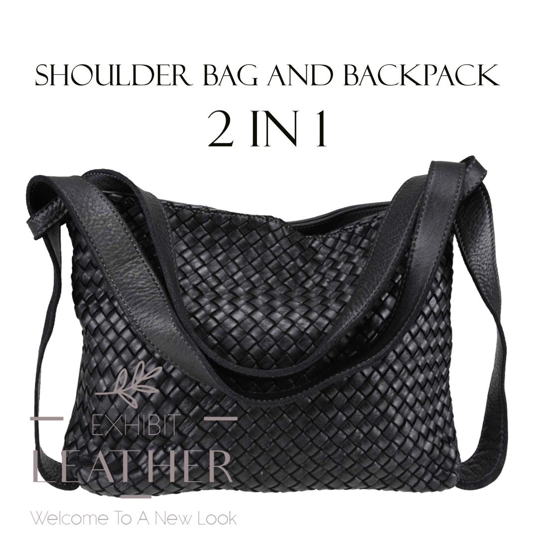 Black Woven Leather Convertible Backpack/Crossbody Bag Woven Leather Convertible Backpack – Big Bag main image 3