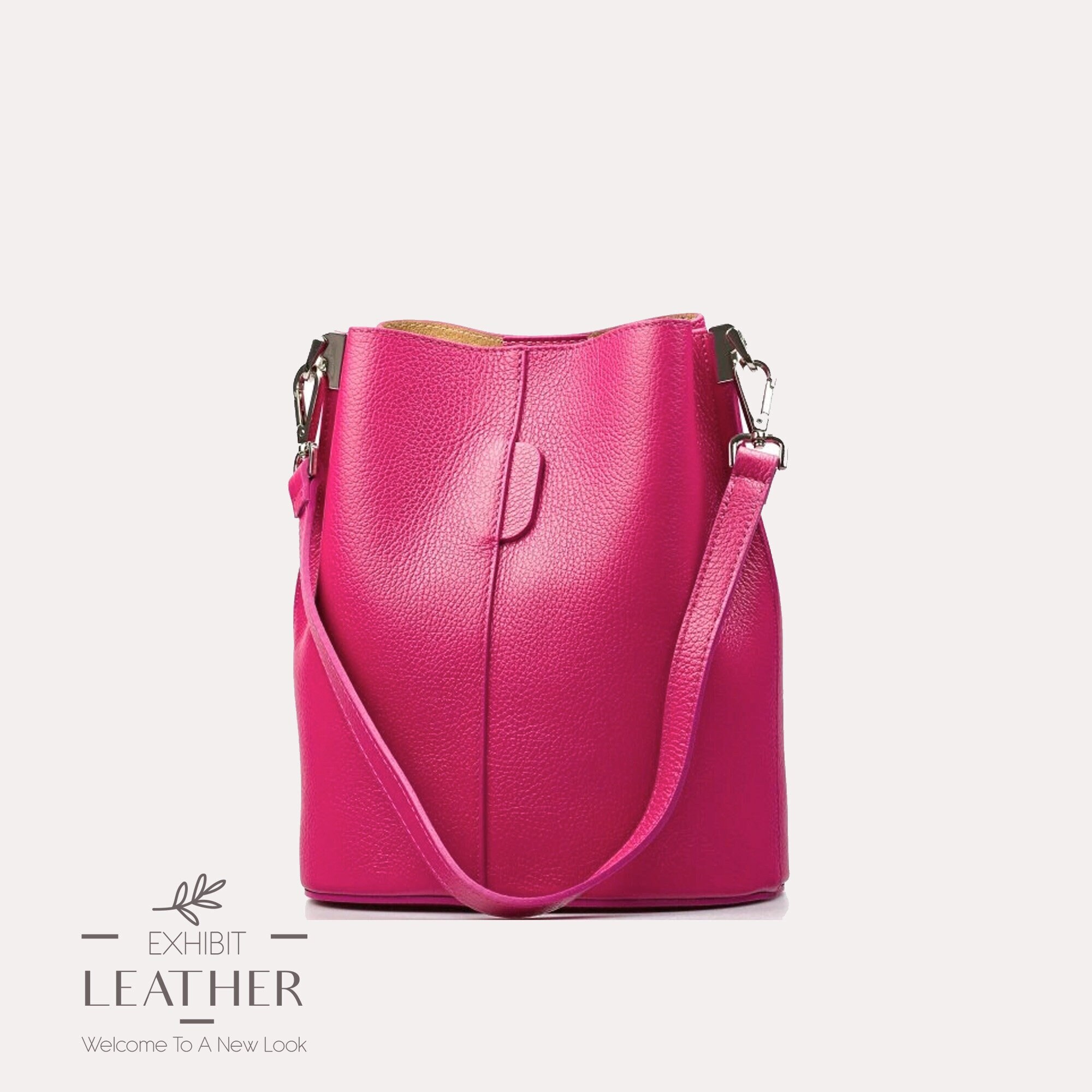 Fuchsia Real Leather Bucket Bag: Hot Pink Shoulder Bag Purse 