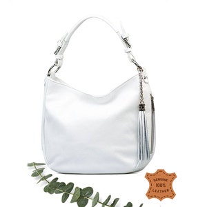 White genuine leather top zip shoulder bag with tassel, Leather handbag, Shopper bag, White color big laptop bag, Leather Elegant Bag