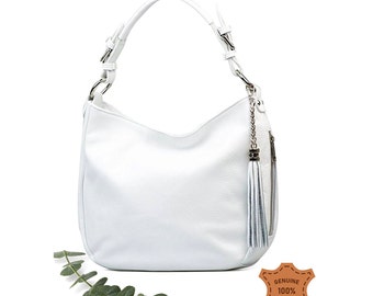 White genuine leather top zip shoulder bag with tassel, Leather handbag, Shopper bag, White color big laptop bag, Leather Elegant Bag