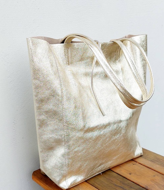 Gold Bag, Leather Tote Bag in Gold, Leather Shopper in Gold