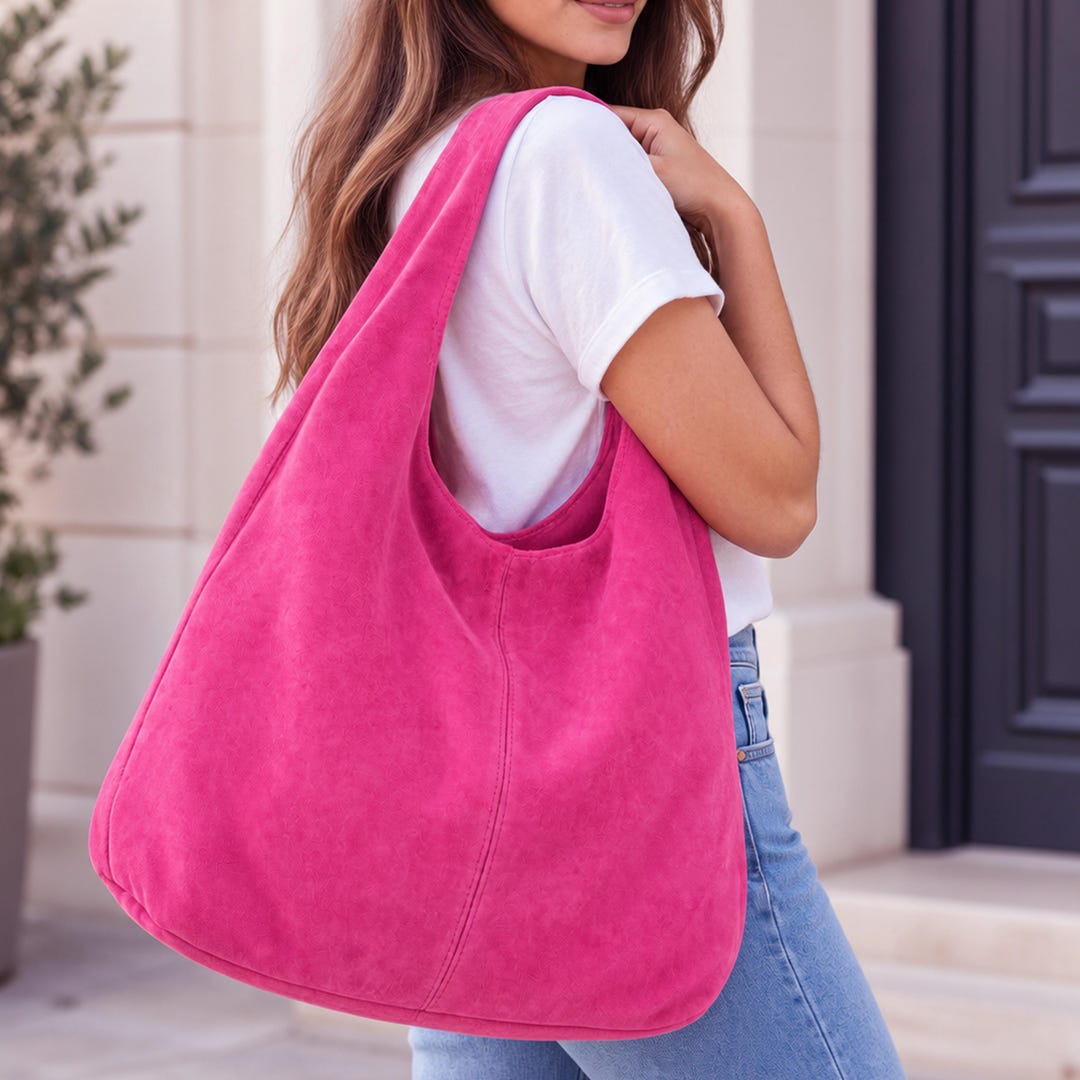 Italian Fuchsia Real Suede Leather Hobo Bag: Large Slouchy