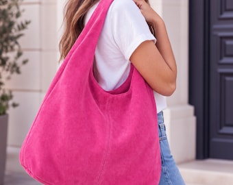 Italian Fuchsia Real Suede Leather Hobo Bag: Large Slouchy