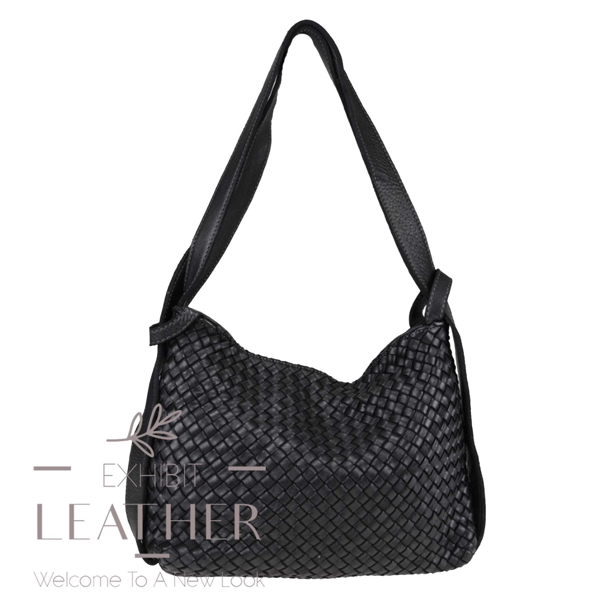 Woven Leather Convertible Backpack Shoulder Bag: Black  display picture 2